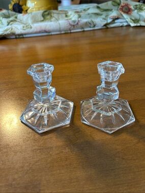 24% lead  Towle Clear Faceted Hexagonal Glass Candle Holders - Pair